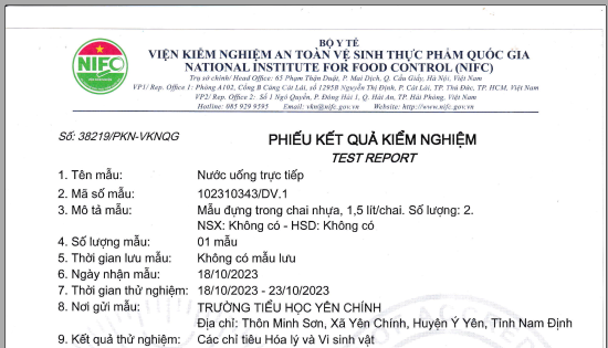 Kết quả kiểm nghiệm mẫu nước uống của trường Tiểu học Yên Chính.
