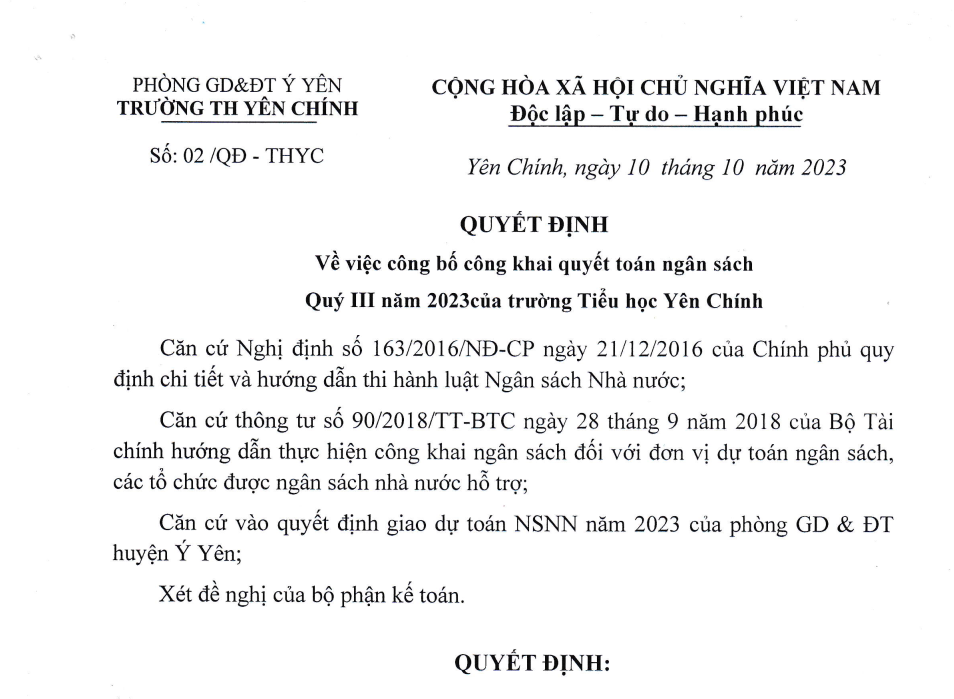 QĐ về việc công khai quyết toán ngân sách quý III năm 2023